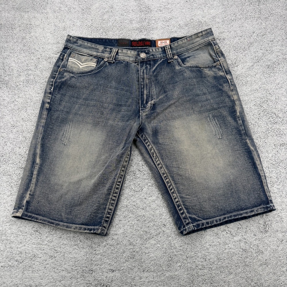 GS-115 Premium Denim Shorts Mens 40 Blue Distressed Faded Long Jean Shorts Jorts